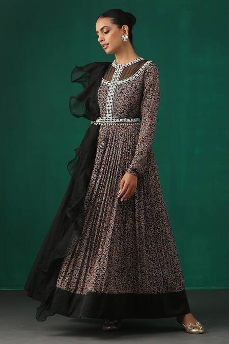 Buy_Minaki_Black Organza, Georgette, Satin Floral Motifs Print Anarkali With Ruffle Dupatta_Online_at_Aza_Fashions