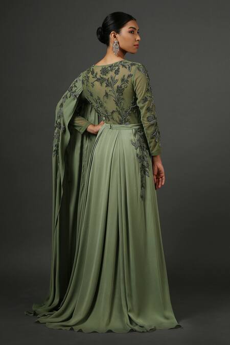 Shop Minaki Green Double Georgette, Net/tulle Sequins, Thread Work Embellished Draped Gown at Aza Fashions Shop_Minaki_Green Double Georgette, Net/tulle Sequins, Thread Work Embellished Draped Gown_at_Aza_Fashions