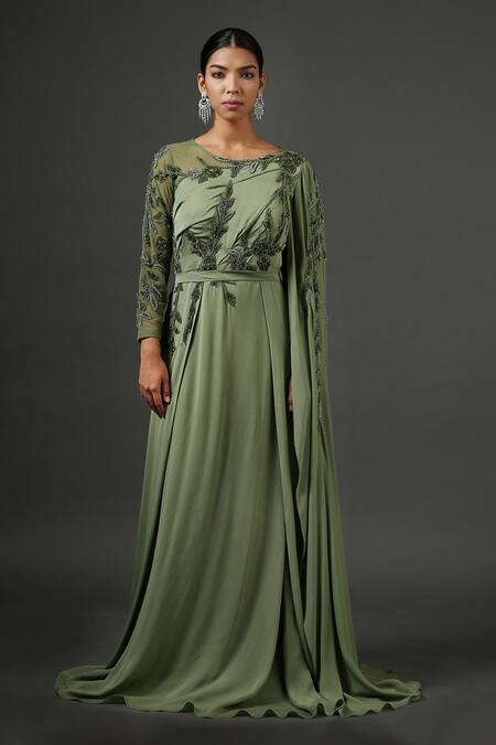 Minaki Green Double Georgette, Net/tulle Sequins, Thread Work Embellished Draped Gown Online at Aza Fashions Minaki_Green Double Georgette, Net/tulle Sequins, Thread Work Embellished Draped Gown_Online_at_Aza_Fashions