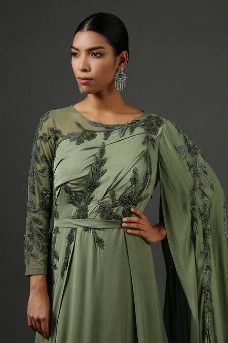 Buy Minaki Green Double Georgette, Net/tulle Sequins, Thread Work Embellished Draped Gown Online at Aza Fashions Buy_Minaki_Green Double Georgette, Net/tulle Sequins, Thread Work Embellished Draped Gown_Online_at_Aza_Fashions