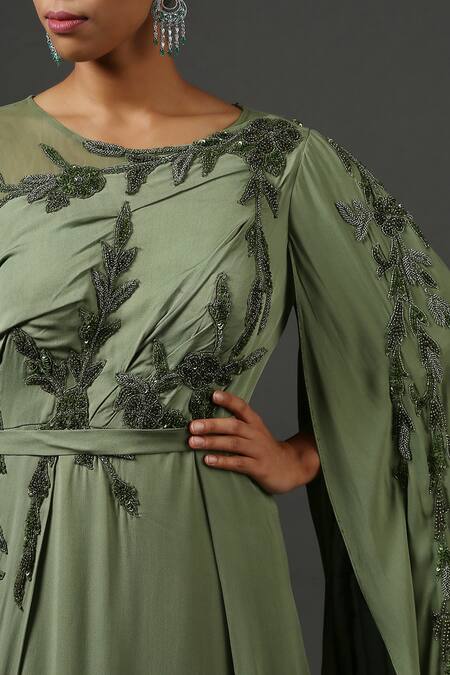Shop Minaki Green Double Georgette, Net/tulle Sequins, Thread Work Embellished Draped Gown Online at Aza Fashions Shop_Minaki_Green Double Georgette, Net/tulle Sequins, Thread Work Embellished Draped Gown_Online_at_Aza_Fashions