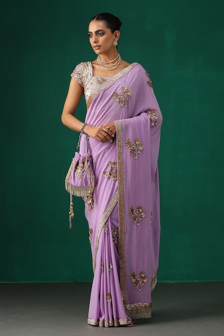 Buy Minaki Purple Georgette Sequin Floral Embroidered Saree With Blouse ...