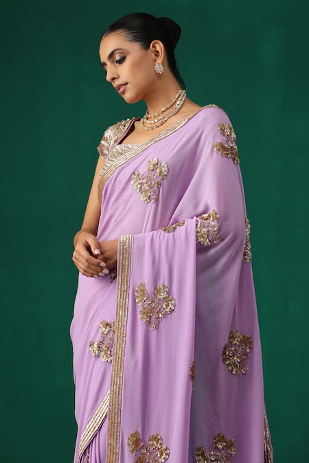 Minaki_Purple Crepe, Georgette Sequins Square Neck Floral Embroidered Saree With Blouse _Online_at_Aza_Fashions