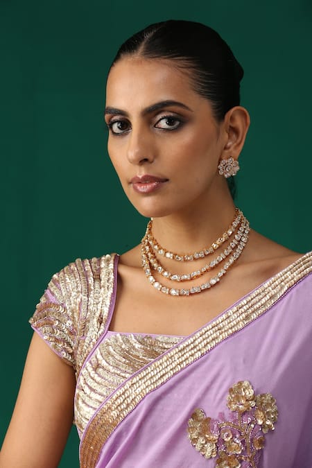 Buy_Minaki_Purple Crepe, Georgette Sequins Square Neck Floral Embroidered Saree With Blouse _Online_at_Aza_Fashions