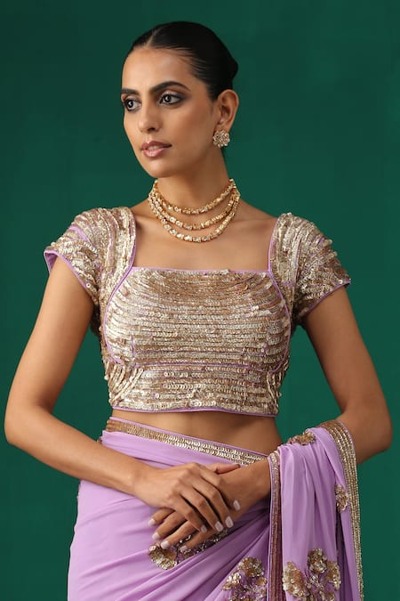 Shop_Minaki_Purple Crepe, Georgette Sequins Square Neck Floral Embroidered Saree With Blouse _Online_at_Aza_Fashions