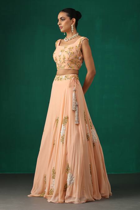 Minaki_Peach Georgette, Net/tulle Pearls, Sequins Square Floral Embroidered Lehenga Set _Online_at_Aza_Fashions