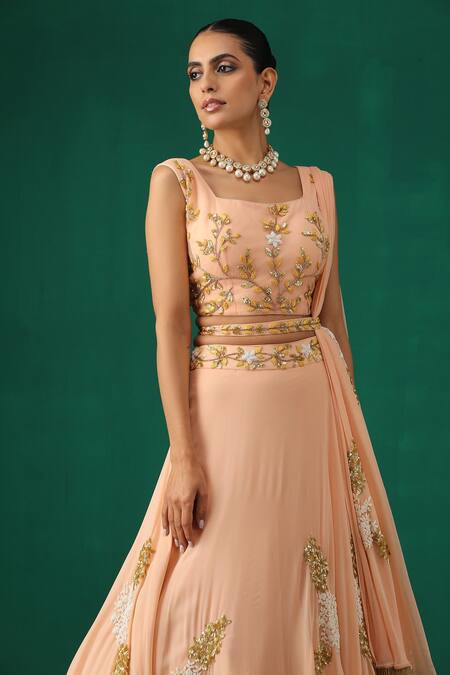 Buy_Minaki_Peach Georgette, Net/tulle Pearls, Sequins Square Floral Embroidered Lehenga Set _Online_at_Aza_Fashions