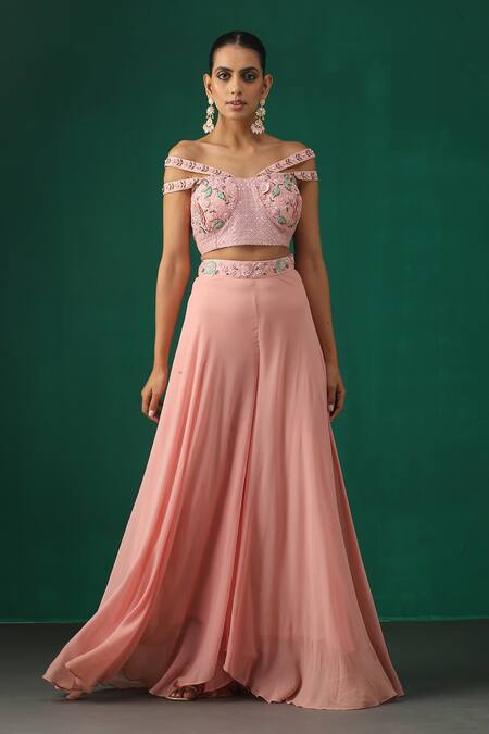 Minaki_Pink Raw Silk, Organza, Georgette Sequin, Thread Work Sharara Set With Cape _Online_at_Aza_Fashions