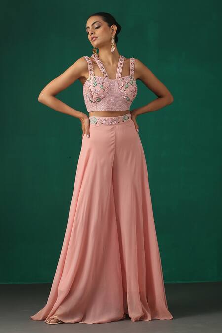 Buy_Minaki_Pink Raw Silk, Organza, Georgette Sequin, Thread Work Sharara Set With Cape _Online_at_Aza_Fashions