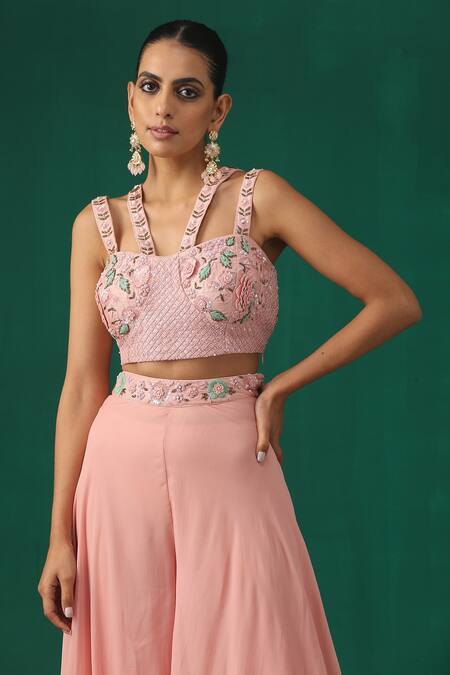 Shop_Minaki_Pink Raw Silk, Organza, Georgette Sequin, Thread Work Sharara Set With Cape _Online_at_Aza_Fashions
