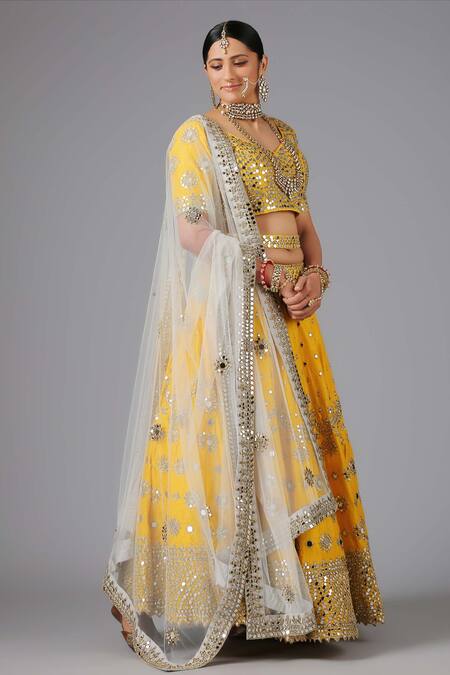 Minaki_Yellow Raw Silk, Net/tulle Mirror Work Basanti Embroidered Bridal Lehenga Set _Online_at_Aza_Fashions