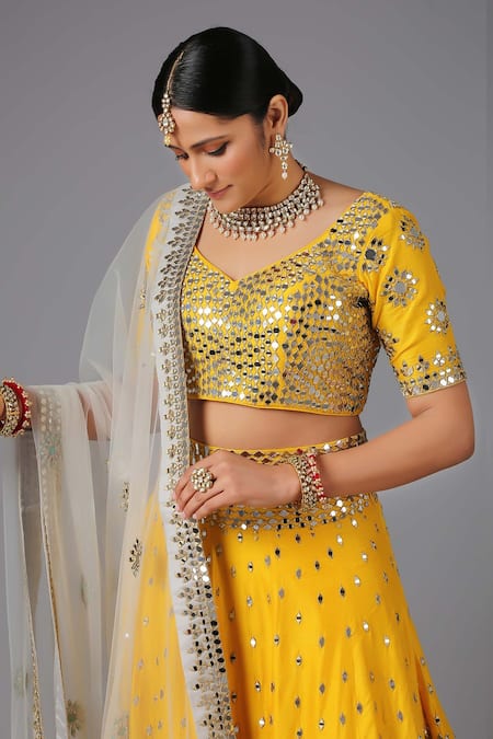 Buy_Minaki_Yellow Raw Silk, Net/tulle Mirror Work Basanti Embroidered Bridal Lehenga Set _Online_at_Aza_Fashions