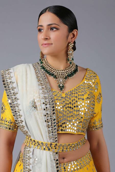 Shop_Minaki_Yellow Raw Silk, Net/tulle Mirror Work Basanti Embroidered Bridal Lehenga Set _Online_at_Aza_Fashions