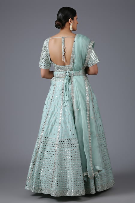 Shop_Minaki_Blue Raw Silk, Organza Mirror Work Leaf Neck Embroidered Bridal Lehenga Set _at_Aza_Fashions