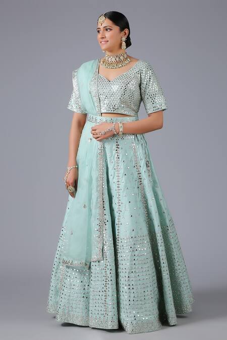 Minaki_Blue Raw Silk, Organza Mirror Work Leaf Neck Embroidered Bridal Lehenga Set _Online_at_Aza_Fashions
