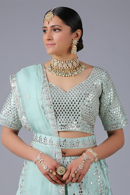 Buy_Minaki_Blue Raw Silk, Organza Mirror Work Leaf Neck Embroidered Bridal Lehenga Set _Online_at_Aza_Fashions