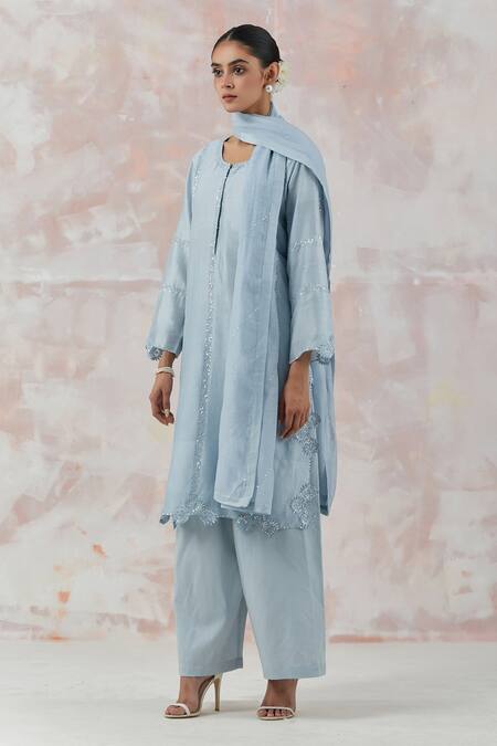 Buy_Simrita Arora_Blue Kurta Silk Chanderi Dupatta Cotton Satin Floral Embroidered Palazzo Set_Online_at_Aza_Fashions