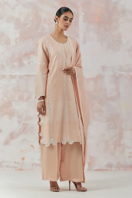 Simrita Arora_Peach Kurta Silk Chanderi Dupatta Cotton Satin Floral Round Palazzo Set_Online_at_Aza_Fashions