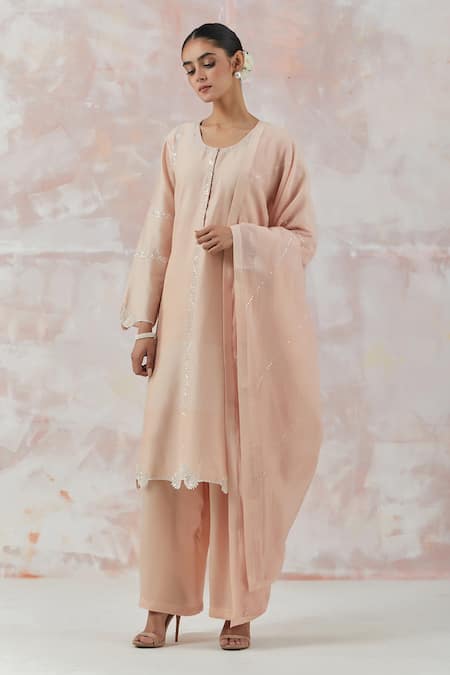 Buy_Simrita Arora_Peach Kurta Silk Chanderi Dupatta Cotton Satin Floral Round Palazzo Set_Online_at_Aza_Fashions