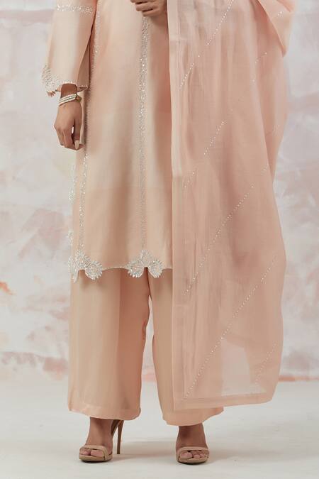 Shop_Simrita Arora_Peach Kurta Silk Chanderi Dupatta Cotton Satin Floral Round Palazzo Set_Online_at_Aza_Fashions