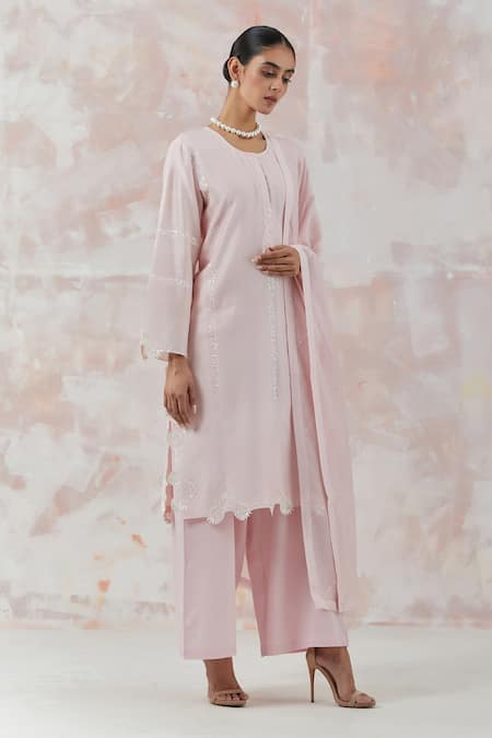 Simrita Arora_Pink Kurta Silk Chanderi Dupatta Cotton Satin Floral Embroidered Palazzo Set_Online_at_Aza_Fashions