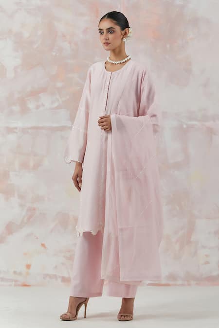 Buy_Simrita Arora_Pink Kurta Silk Chanderi Dupatta Cotton Satin Floral Embroidered Palazzo Set_Online_at_Aza_Fashions