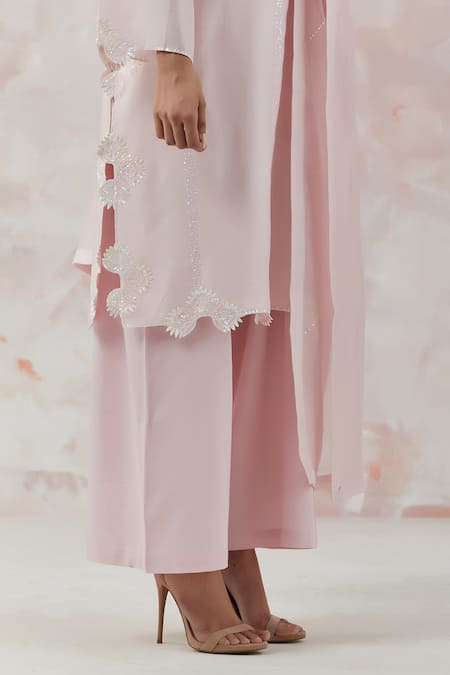 Shop_Simrita Arora_Pink Kurta Silk Chanderi Dupatta Cotton Satin Floral Embroidered Palazzo Set_Online_at_Aza_Fashions