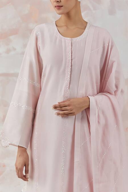 Simrita Arora_Pink Kurta Silk Chanderi Dupatta Cotton Satin Floral Embroidered Palazzo Set_at_Aza_Fashions