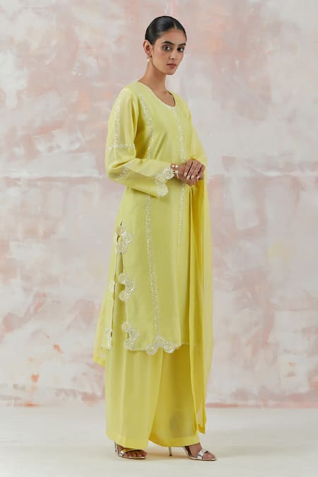 Simrita Arora_Yellow Kurta Silk Chanderi Dupatta Cotton Satin Floral Round Palazzo Set_Online_at_Aza_Fashions