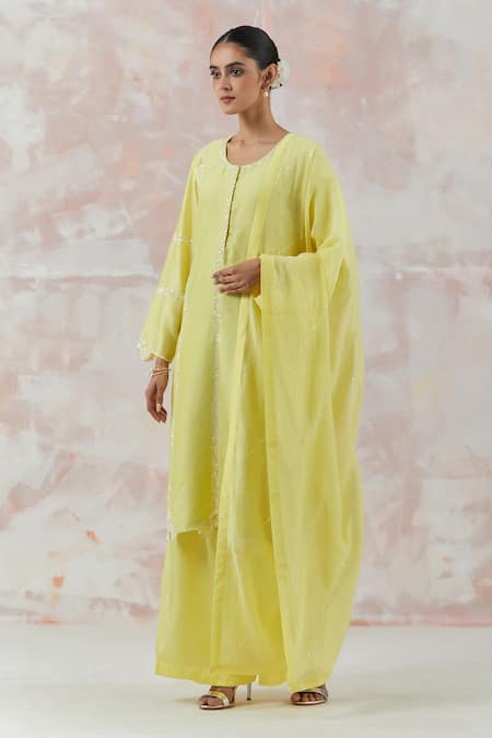 Buy_Simrita Arora_Yellow Kurta Silk Chanderi Dupatta Cotton Satin Floral Round Palazzo Set_Online_at_Aza_Fashions