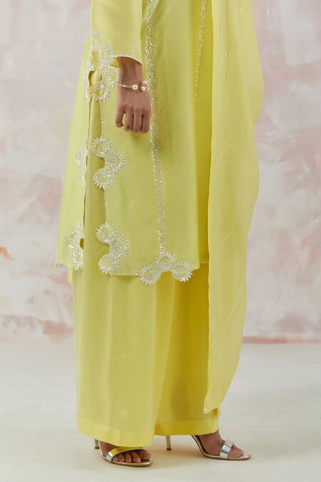 Shop_Simrita Arora_Yellow Kurta Silk Chanderi Dupatta Cotton Satin Floral Round Palazzo Set_Online_at_Aza_Fashions