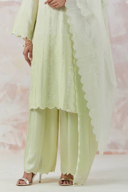 Shop Simrita Arora Green Kurta Silk Chanderi Dupatta Cotton Satin Embroidered Palazzo Set Online at Aza Fashions Shop_Simrita Arora_Green Kurta Silk Chanderi Dupatta Cotton Satin Embroidered Palazzo Set_Online_at_Aza_Fashions