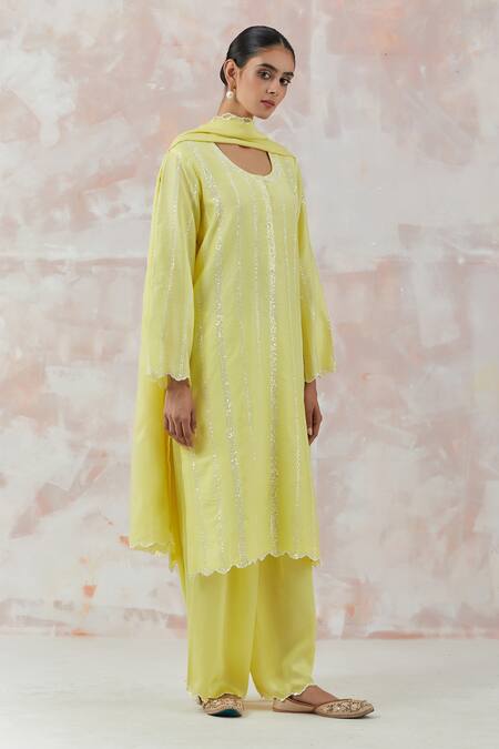 Simrita Arora_Yellow Kurta Silk Chanderi Dupatta Cotton Satin Stripes Ombre Palazzo Set_Online_at_Aza_Fashions