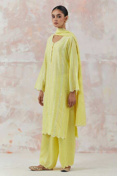 Buy_Simrita Arora_Yellow Kurta Silk Chanderi Dupatta Cotton Satin Stripes Ombre Palazzo Set_Online_at_Aza_Fashions