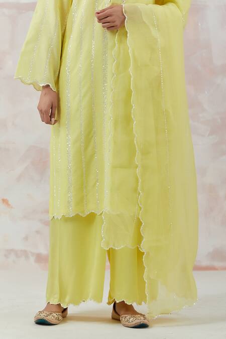 Shop_Simrita Arora_Yellow Kurta Silk Chanderi Dupatta Cotton Satin Stripes Ombre Palazzo Set_Online_at_Aza_Fashions