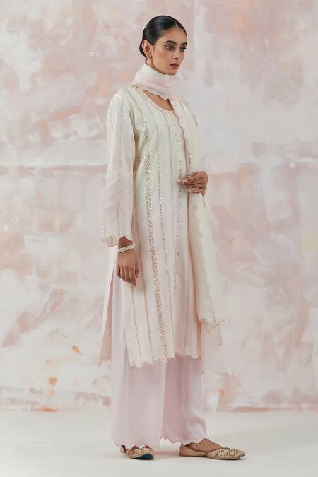 Simrita Arora_Pink Kurta Silk Chanderi Dupatta Cotton Satin Stripes Ombre Palazzo Set_Online_at_Aza_Fashions