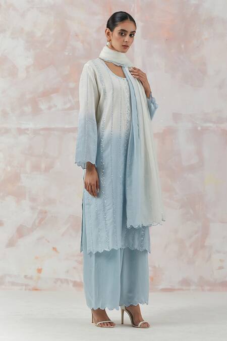 Simrita Arora_Blue Kurta Silk Chanderi Dupatta Cotton Satin Stripes Ombre Palazzo Set_Online_at_Aza_Fashions