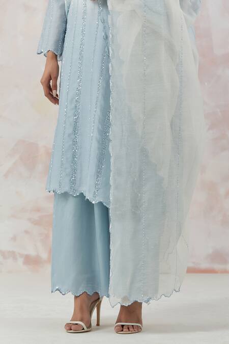 Shop_Simrita Arora_Blue Kurta Silk Chanderi Dupatta Cotton Satin Stripes Ombre Palazzo Set_Online_at_Aza_Fashions