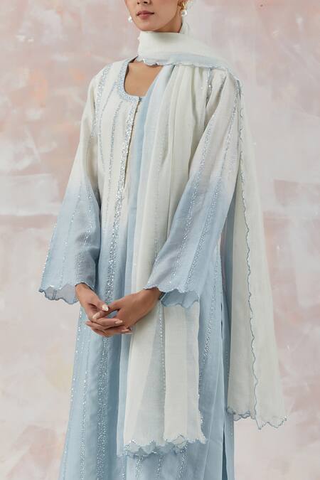 Simrita Arora_Blue Kurta Silk Chanderi Dupatta Cotton Satin Stripes Ombre Palazzo Set_at_Aza_Fashions