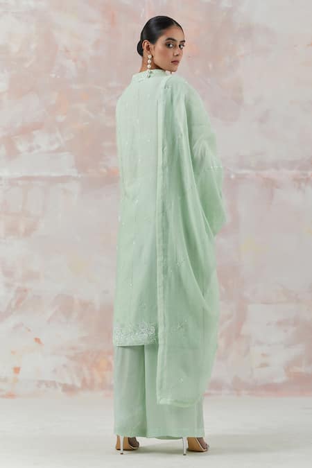 Shop Simrita Arora Green Kurta Silk Chanderi Dupatta Cotton Satin Embroidered Palazzo Set at Aza Fashions Shop_Simrita Arora_Green Kurta Silk Chanderi Dupatta Cotton Satin Embroidered Palazzo Set_at_Aza_Fashions