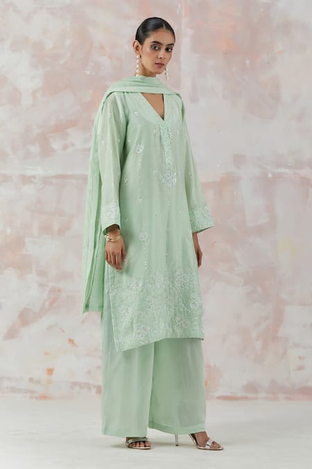 Simrita Arora Green Kurta Silk Chanderi Dupatta Cotton Satin Embroidered Palazzo Set Online at Aza Fashions Simrita Arora_Green Kurta Silk Chanderi Dupatta Cotton Satin Embroidered Palazzo Set_Online_at_Aza_Fashions