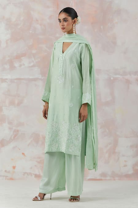 Buy Simrita Arora Green Kurta Silk Chanderi Dupatta Cotton Satin Embroidered Palazzo Set Online at Aza Fashions Buy_Simrita Arora_Green Kurta Silk Chanderi Dupatta Cotton Satin Embroidered Palazzo Set_Online_at_Aza_Fashions