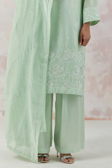 Shop Simrita Arora Green Kurta Silk Chanderi Dupatta Cotton Satin Embroidered Palazzo Set Online at Aza Fashions Shop_Simrita Arora_Green Kurta Silk Chanderi Dupatta Cotton Satin Embroidered Palazzo Set_Online_at_Aza_Fashions