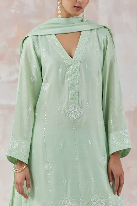 Simrita Arora Green Kurta Silk Chanderi Dupatta Cotton Satin Embroidered Palazzo Set at Aza Fashions Simrita Arora_Green Kurta Silk Chanderi Dupatta Cotton Satin Embroidered Palazzo Set_at_Aza_Fashions