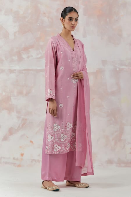 Simrita Arora_Pink Kurta Silk Chanderi Dupatta Cotton Satin Floral Pakistani V Palazzo Set_Online_at_Aza_Fashions