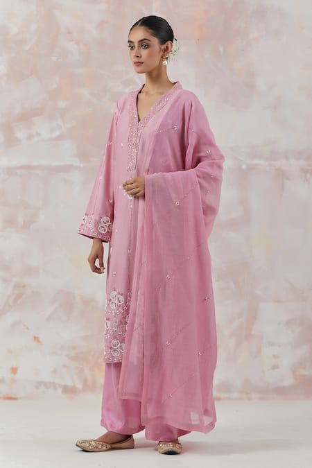 Buy_Simrita Arora_Pink Kurta Silk Chanderi Dupatta Cotton Satin Floral Pakistani V Palazzo Set_Online_at_Aza_Fashions
