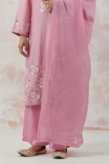 Shop_Simrita Arora_Pink Kurta Silk Chanderi Dupatta Cotton Satin Floral Pakistani V Palazzo Set_Online_at_Aza_Fashions