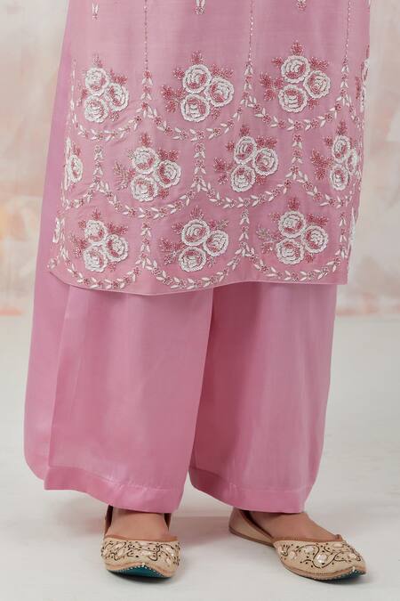 Simrita Arora_Pink Kurta Silk Chanderi Dupatta Cotton Satin Floral Pakistani V Palazzo Set_at_Aza_Fashions