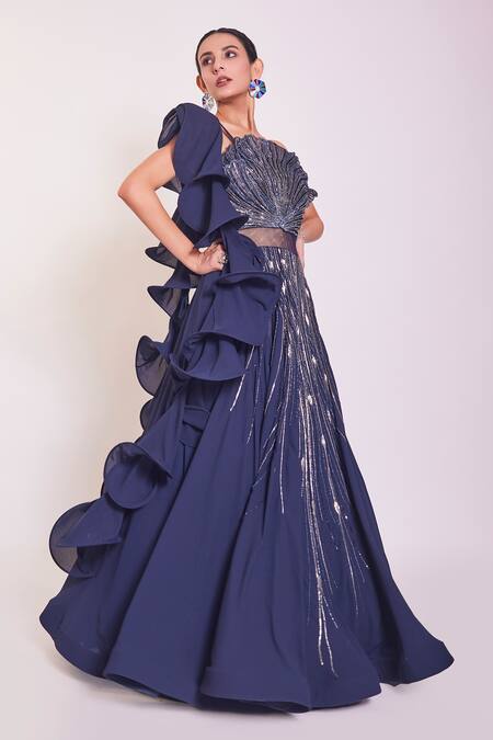 Onaya_Blue Georgette Hand Embellished Sequins Cutdana Cutwork Gown With Ruffle Stole_Online_at_Aza_Fashions