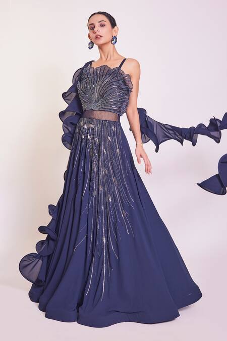 Buy_Onaya_Blue Georgette Hand Embellished Sequins Cutdana Cutwork Gown With Ruffle Stole_Online_at_Aza_Fashions